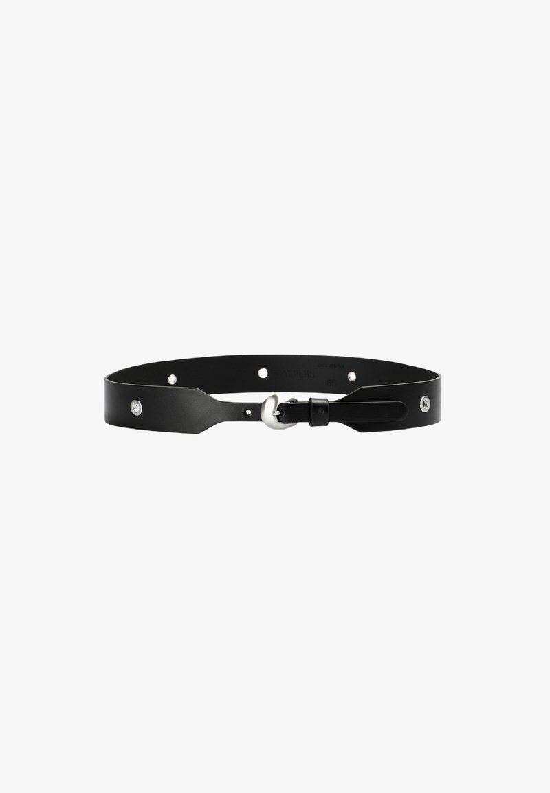Cinturón de cuero negro con textura suave, con accesorios de acero inoxidable y orificios de ajuste de tamaño. Diseño minimalista con hebilla ancha.