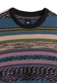 Knit sweater featuring horizontal stripes in teal, green, pink, and purple. Textured patterns and a black ribbed collar. Brand label visible.