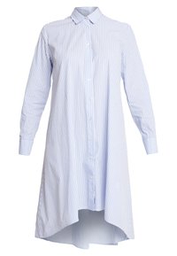 Dlouhý rukáv, košilové šaty s knoflíky v světle modré a bílé pruhy. Obsahuje špičatý límec, rovný střih a asymetrický lem. Bavlněná látka.