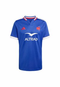 Modrý dres s výstřihem do V, červenými akcenty, bílým lemováním na rukávech, s logem Adidas, značkou Altrad a červeným symbolem kohouta.