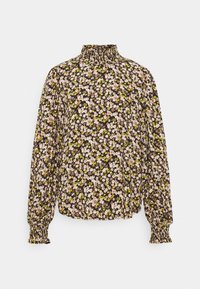 Langermige blouse met een hoge hals, voorzien van een zwarte achtergrond en een meerkleurig bloemenpatroon in pink, geel en wit. Gathering bij de manchetten.