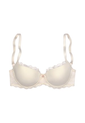 Lichtbeige kant en soepel stoffen bh met gevoerde cups, geschulpte kantafwerking, verstelbare bandjes en een klein decoratief strikje in het midden.