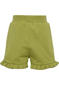 Gröna bomullsshorts med elastisk midja och volangdetalj vid fållen. Slät textur och avslappnad passform. Skräddarsydda för komfort.