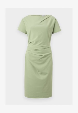 Light green knee-length dress with short sleeves, round neckline, and subtle draped detailing at the waist.