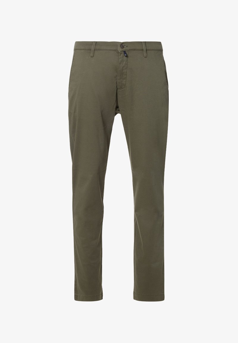Chinos verde oliva realizzati in cotone leggero, con una vestibilità dritta, chiusura frontale con bottone e tasche laterali, caratterizzati da una texture solida.