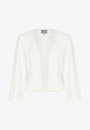 Weißer, taillierter Blazer mit langen Ärmeln, offener Vorderseite und zwei vorderen Taschen. Glattes Material mit strukturiertem Design und ohne sichtbare Verschlüsse.