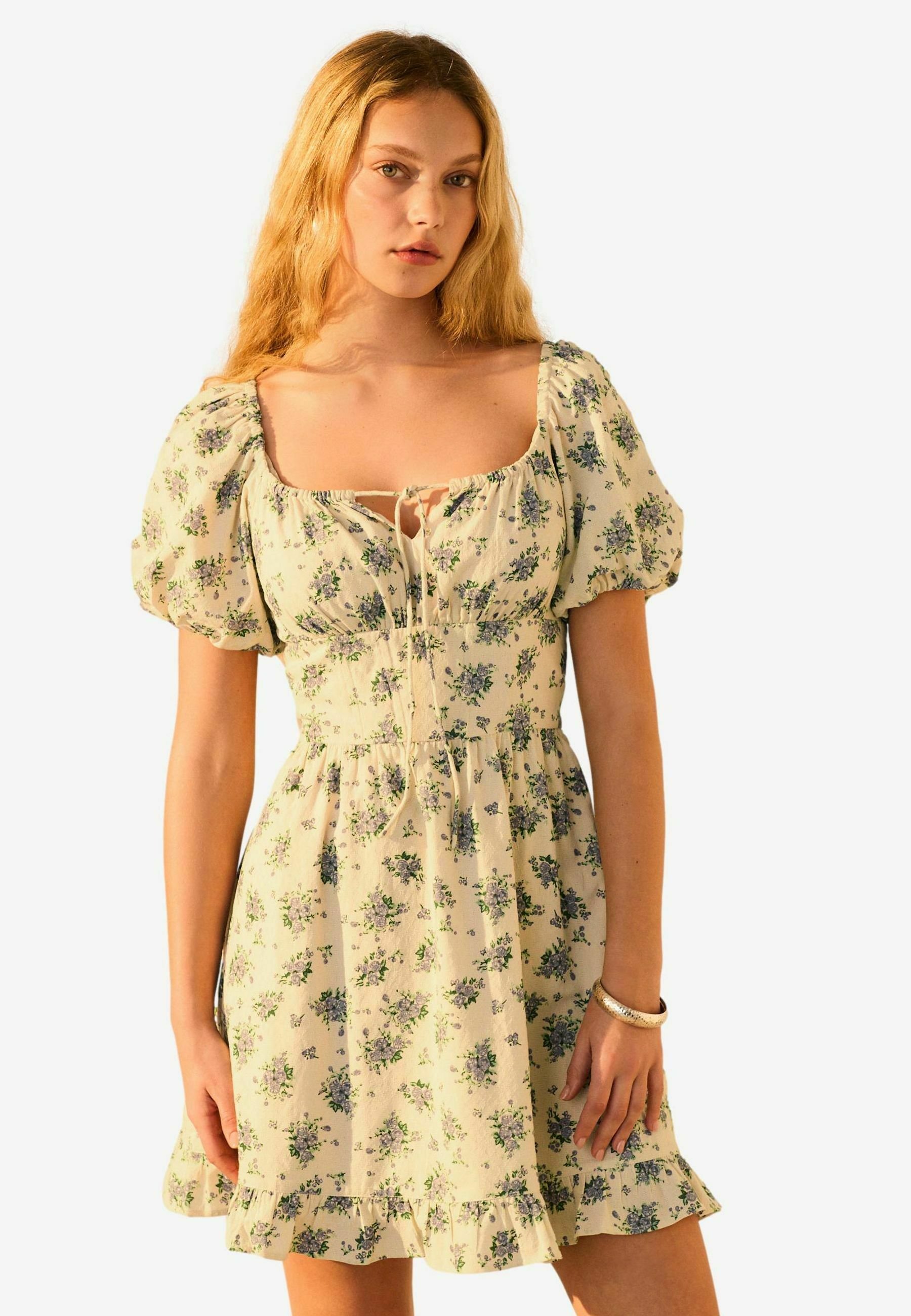 beige milkmaid dress Next PETITE FIT - 100% COTTON PUFF SLEEVE MINI . - Robe fourreau - cream ecru ditsy floral/beige Sleeveless Bridal Wedding Gowns Vintage Gift Color:#40-Ice Blue