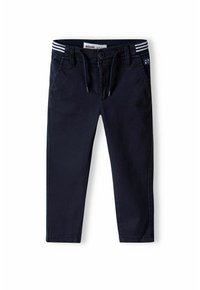 Pantaloni in cotone blu navy con vita regolabile, tasche frontali e dettagli in elastico a strisce in vita. Design a gamba dritta.