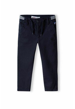 Pantalons en coton bleu marine avec taille à cordon de serrage, poches avant et accents de taille élastique rayés. Design à jambe droite.