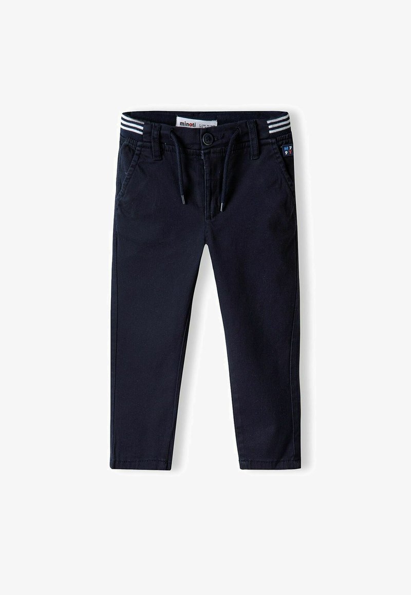 Pantaloni in cotone blu navy con vita regolabile, tasche frontali e dettagli in elastico a strisce in vita. Design a gamba dritta.