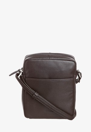 Dunkelbraune Leder-Crossbody-Tasche mit Fronttasche, Reißverschluss und verstellbarem Schulterriemen.