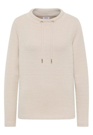 Lichtbeige sweatshirt met een gestructureerd patroon, ronde halslijn en trekkoordaccenten. Lange mouwen met subtiele manchetten. Merklabel zichtbaar.