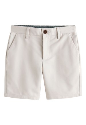 Beige knælange shorts med bæltestropper, sidelommer, en forreste knap og en skjult lynlås.