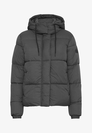 Puffer jacket in dark gray with a hood, featuring a quilted design, adjustable drawstrings, and elastic cuffs. Made from soft, textured fabric.