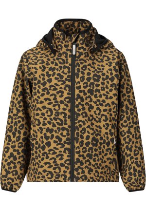 Hættetrøje med leopardprint, lynlås foran og elastiske manchetter i brune og sorte farver.