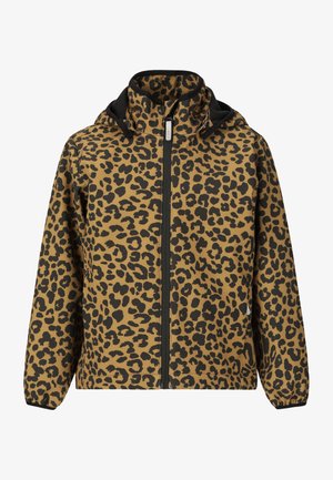 Leopardenmuster-Kapuzenjacke mit Frontreißverschluss und elastischen Bündchen in Braun- und Schwarztönen.