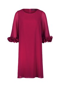 Mauve Kleid mit runder Ausschnitt und transparenten, langen Ärmeln, die mit Rüschendetails an den Manschetten versehen sind, aus leichtem Stoff gefertigt.