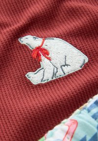 Sarkans teksturēts audums ar izšūtu polāro lāci un sarkanu lentu. Blakus tam ir audums ar rakstu, kas sastāv no dažādām krāsām.