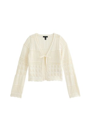 Cardigan au crochet en blanc cassé avec une fermeture à nouer. Il présente des motifs intricats et des manches longues, mettant en avant un design texturé en maille ouverte.