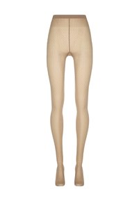 Collant beige trasparente con piccoli pois neri, vita alta e piedi chiusi, esposti frontalmente su uno sfondo bianco.