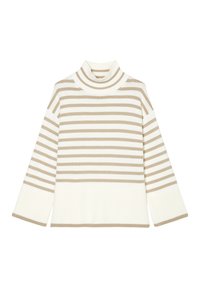 Beiger und cremefarbener gestreifter Rollkragenpullover mit gerippter Textur, weiten Ärmeln und einfarbigen Akzenten am Saum und an den Bündchen.