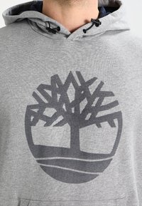 Primo piano di una felpa grigia con cappuccio e lacci neri, caratterizzata da un grande logo stilizzato di un albero nero sul petto.