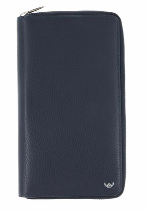 Portefeuille zippé en cuir bleu foncé avec surface texturée et petit emblème logo argenté dans le coin inférieur droit.