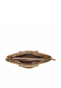 Sac à main en cuir tan avec un design structuré. Caractéristiques d'une fermeture éclair, de deux compartiments intérieurs et de poches supplémentaires pour l'organisation.
