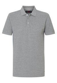 Grijze polo met een klassieke kraag, een drukknoopsluiting met drie knopen en korte mouwen. Zachte textuur, casual ontwerp en accenten aan de zijnaad.
