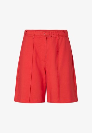 Rode shorts met een hoge taille, een bijpassende riem, riemlussen, voorplooien en een verborgen vooraan sluiting.