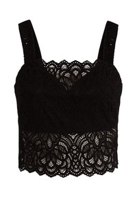 Top corto in pizzo nero con spalline larghe, caratterizzato da intricati motivi floreali e bordi smerlati all'orlo. Design testurizzato su tutta la superficie.