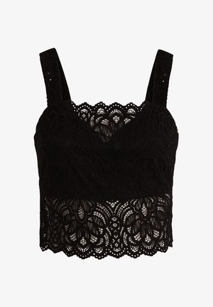 Black lace crop top with wide straps, featuring intricate floral patterns and scalloped edges at the hem. Textured design throughout.