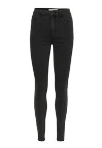 Jean skinny noir taille haute avec bouton devant, fermeture éclair et design à cinq poches, coupe slim de la taille à la cheville.