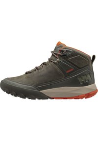 Szare wodoodporne buty trekkingowe o wysokim kroju, wykonane z brązowej skóry, z pomarańczowymi akcentami i teksturowaną gumową podeszwą dla lepszej przyczepności.