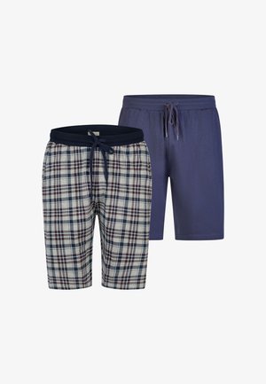 Twee paren shorts: één geruit in marineblauw, bordeauxrood en crème; één effen marineblauw. Beide shorts hebben een elastische tailleband met een drawstring.