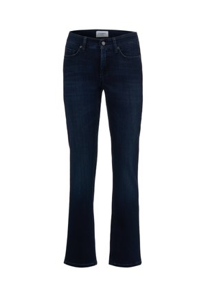 Jean droit en denim bleu foncé avec poches avant, passants pour ceinture, fermeture par bouton et fermeture éclair, présenté sur un fond blanc.