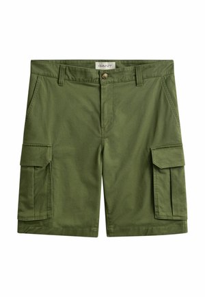 Olive green cargo shorts with button closure, belt loops, front pockets, and flap pockets on both sides.