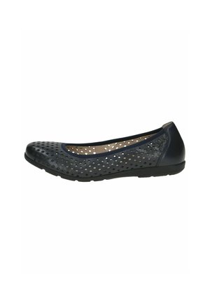 Dark blue perforated leather ballet flats with a rounded toe, flat rubber sole, and smooth trim, featuring an intricate cut-out pattern.