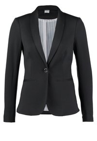 Černý blejzr s klopami, zapínání na jeden knoflík, dvě přední kapsy a pruhované podšívka. Hladká tkanina s přiléhavým střihem.
