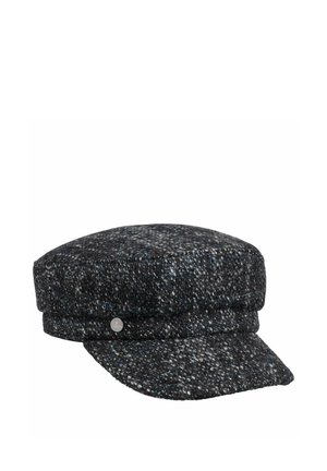 Dark gray tweed flat cap with a short stiff brim and a small round metal emblem on the band.