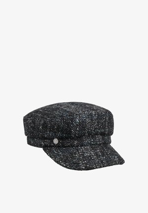 Dunkelgraue Tweed-Flachmütze mit kurzem steifem Schirm und einem kleinen runden Metallemblem am Band.