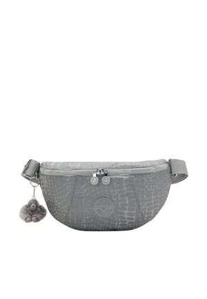 Pequeña riñonera gris texturizada con doble cremallera, correa ajustable y llavero de peluche adjunto que parece un mono.