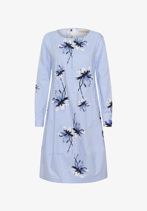 Modra in bela črtasta obleka z dolgimi rokavi, okrašena z cvetličnim potiskom, ima okrogel ovratnik in sproščen kroj z naborkom na robu.