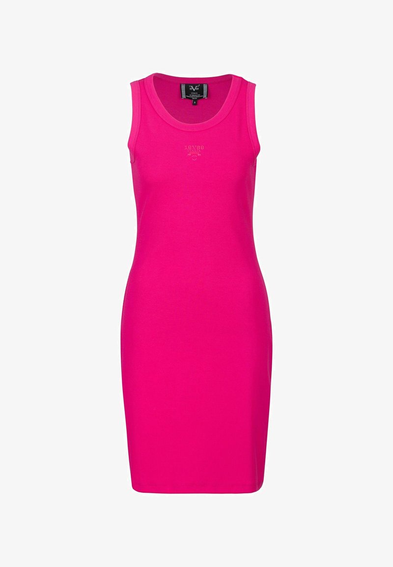 Tailliertes ärmelloses Kleid aus leuchtend pinkem Baumwollstoff, mit rundem Ausschnitt und glatter Textur. Einfaches Design ohne Muster oder Akzente.