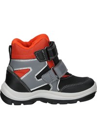 Kinderwandelschoen met een oranje mesh bovenwerk, zwarte en grijze synthetische accenten, dubbele klittenbandsluitingen, gestructureerde zool en gewatteerde enkelsteun.