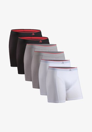Cinq paires de boxers en noir, gris et blanc, avec des ceintures élastiques rouges contrastantes et une texture de tissu lisse.