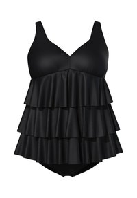 Bañador negro con un diseño de volantes en capas. Tirantes ajustables, escote en V y tejido texturizado que crean una silueta favorecedora.