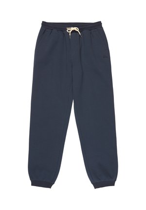 Marineblaue Jogginghose mit elastischen Bündchen, seitlichen Taschen und einem weißen Kordelzug am Bund.