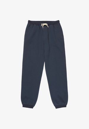 Marineblaue Jogginghose mit elastischen Bündchen, seitlichen Taschen und einem weißen Kordelzug am Bund.
