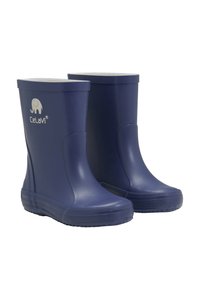 Bottes de pluie en caoutchouc bleu marine avec une finition lisse, un bout rond et des semelles texturées. Présente un logo d'éléphant CeLaVi sur le côté.